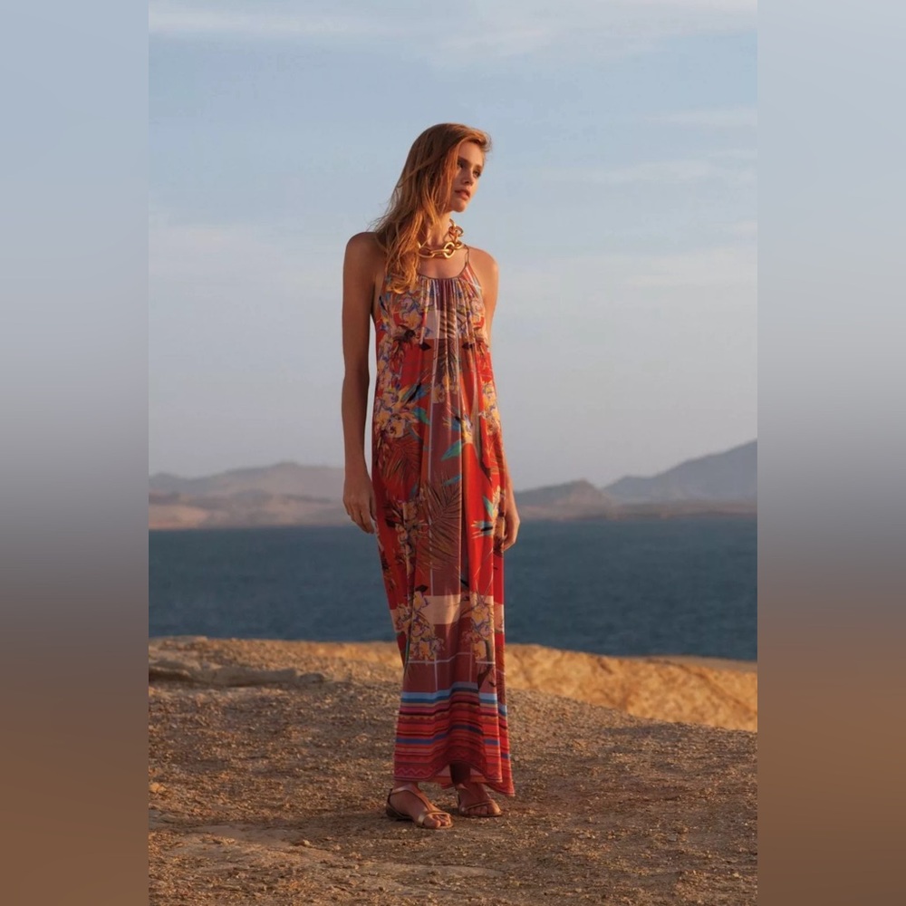 Anthropologie Dream Daily Aija Red Watercolor Tropical Maxi Dress Large
